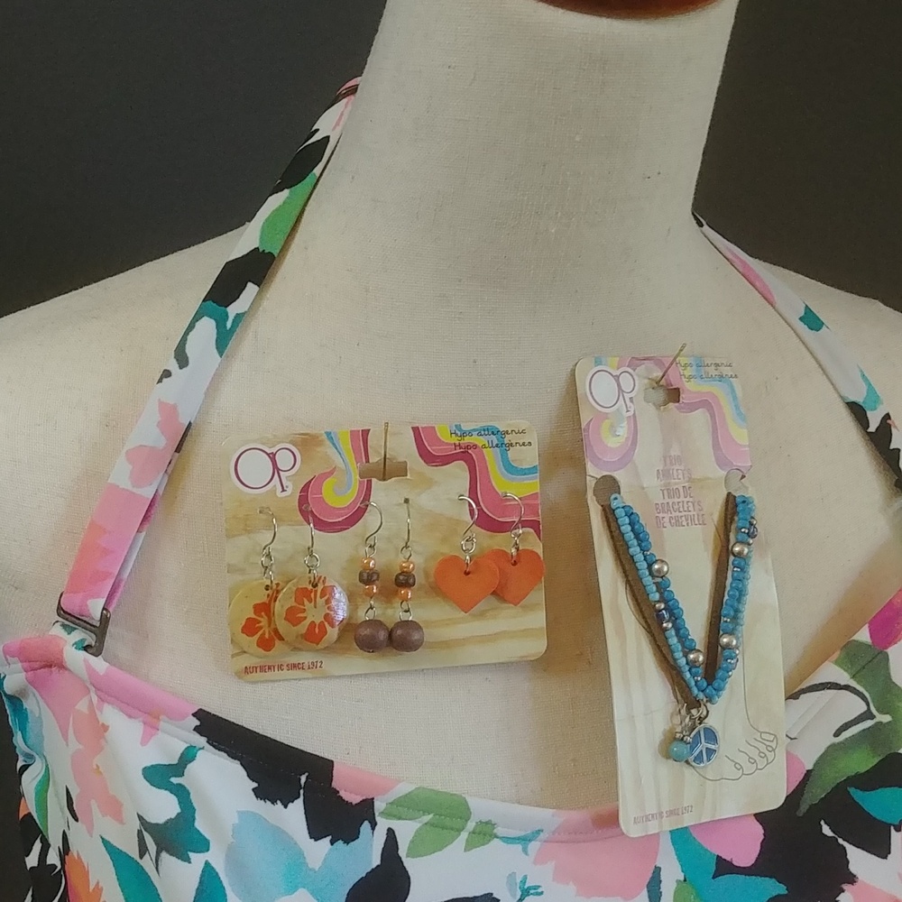NWT OP Wood Earrings and Trio of Anklets Set